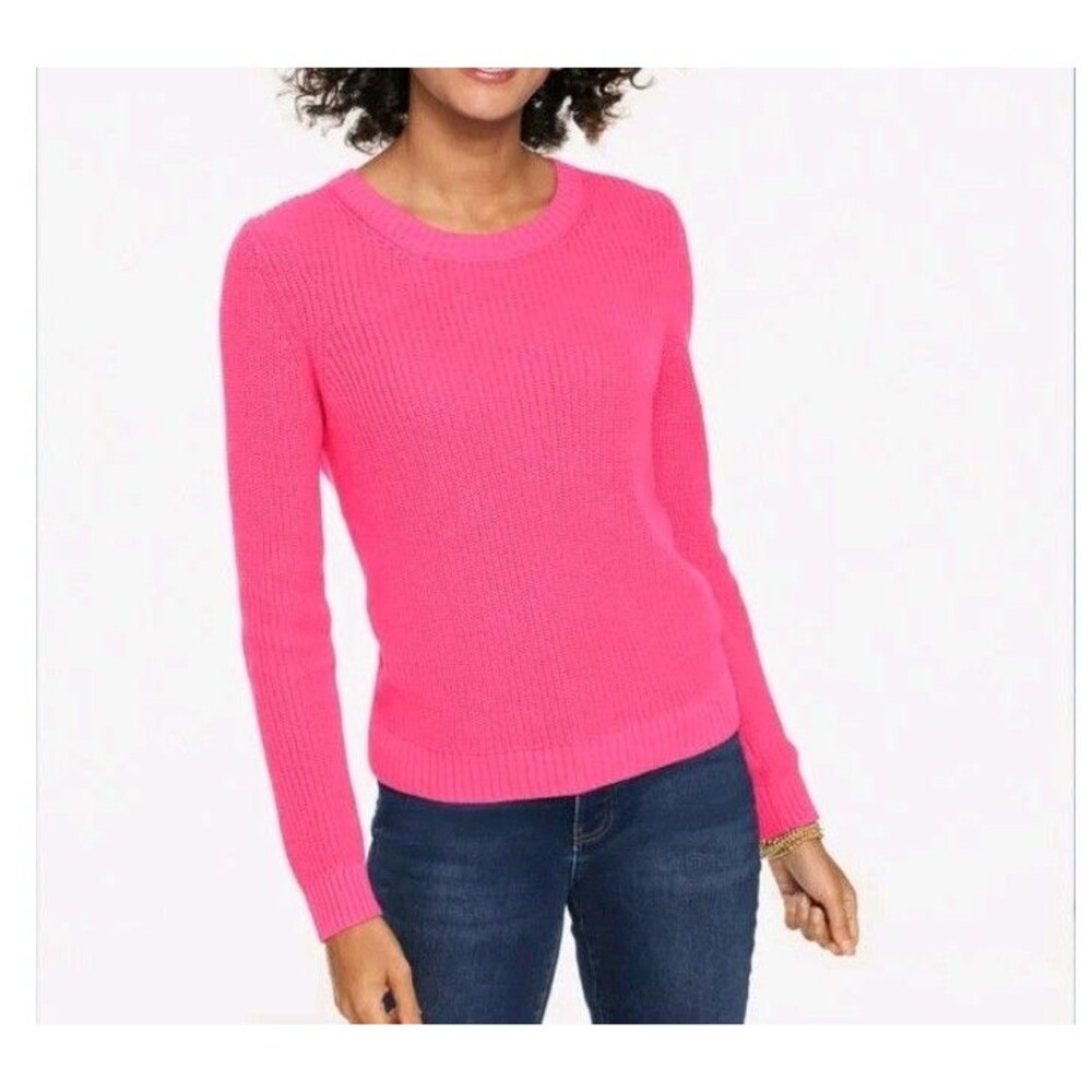 Talbots Shaker Stitch Crewneck Sweater Bright Pink Stretch Knit Womens Petite L